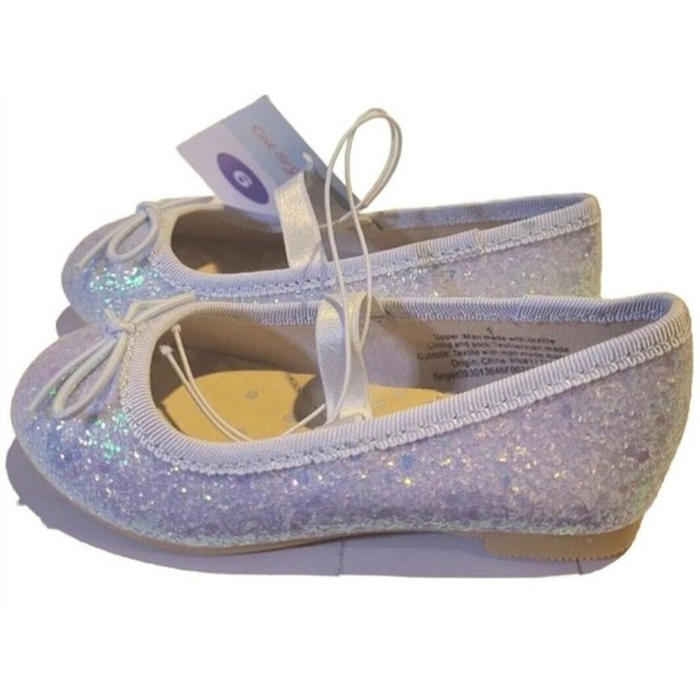 Cat & Jack Toddler Girls Silver Lily Glitter Ballet Flats Bow Strap Shoes Size 6 - Picture 3 of 6